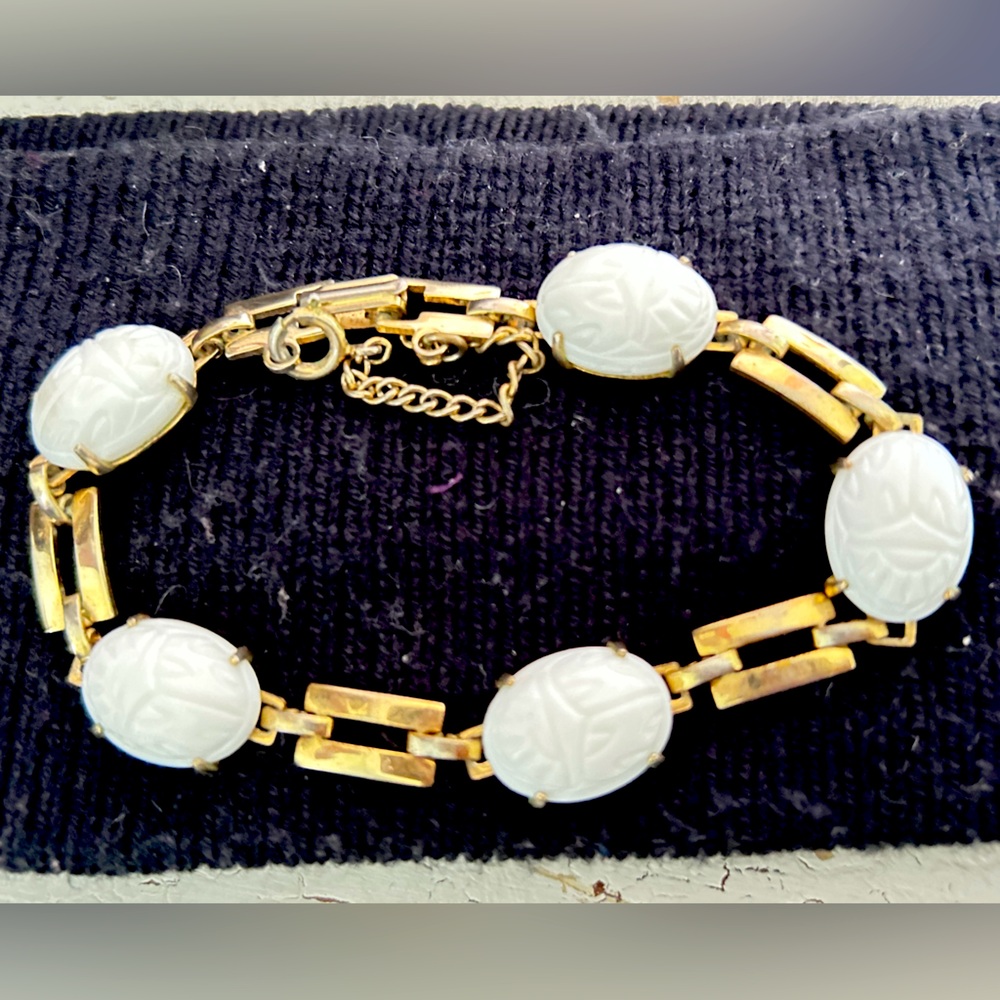 Vintage Elegant Egyptian Gold and White Scarab Bracelet with chain. Rare Find!!